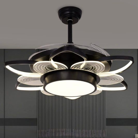 STODE® 42-Inch Flora Black Chandelier Fan – 8 Acrylic Leaf Blades, Retractable Ceiling Fan with Remote, Tricolor Light for Kitchen, Dining, Café, Bar & Hotel