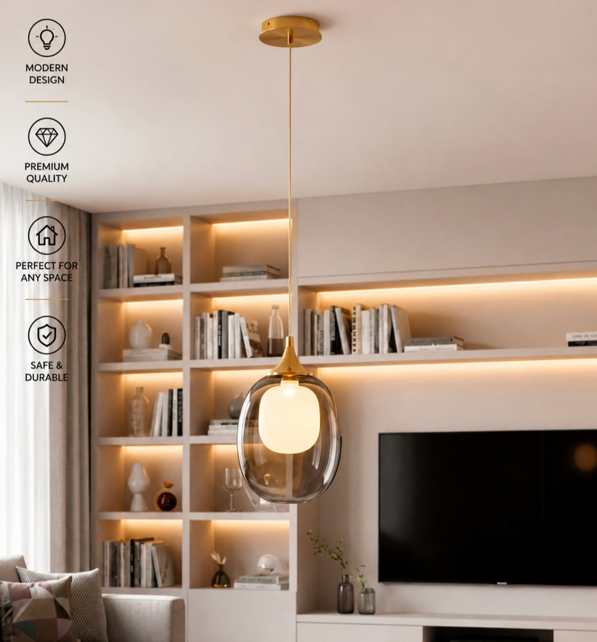 STODE® Modern Gold Finish Smoke Glass Bedside Pendant Light – Tricolor Hanging Ceiling Lamp with White, Warm White & Natural White Light, G9 Bulb Included (Pack of 1)