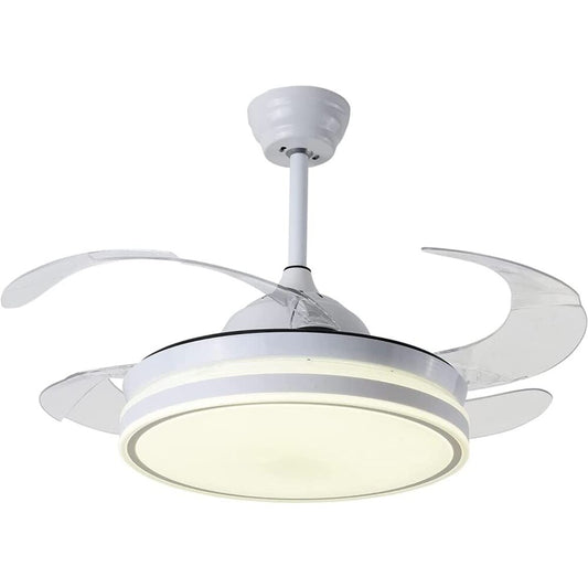 STODE® Alpha 42-Inch Chrome Ceiling Fan – White Retractable Acrylic Blades, Tricolor LED Light with Remote Control for Kitchen, Dining, Café, Hotel & Bar
