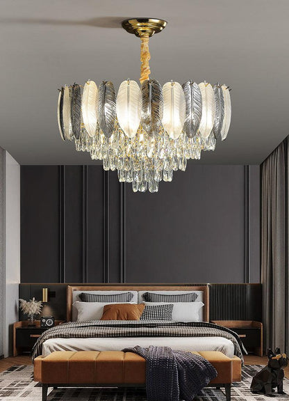 STODE® Feather Glint Glass Crystal Gold Chandelier – 3 Color Changing - Luxury Ceiling Light