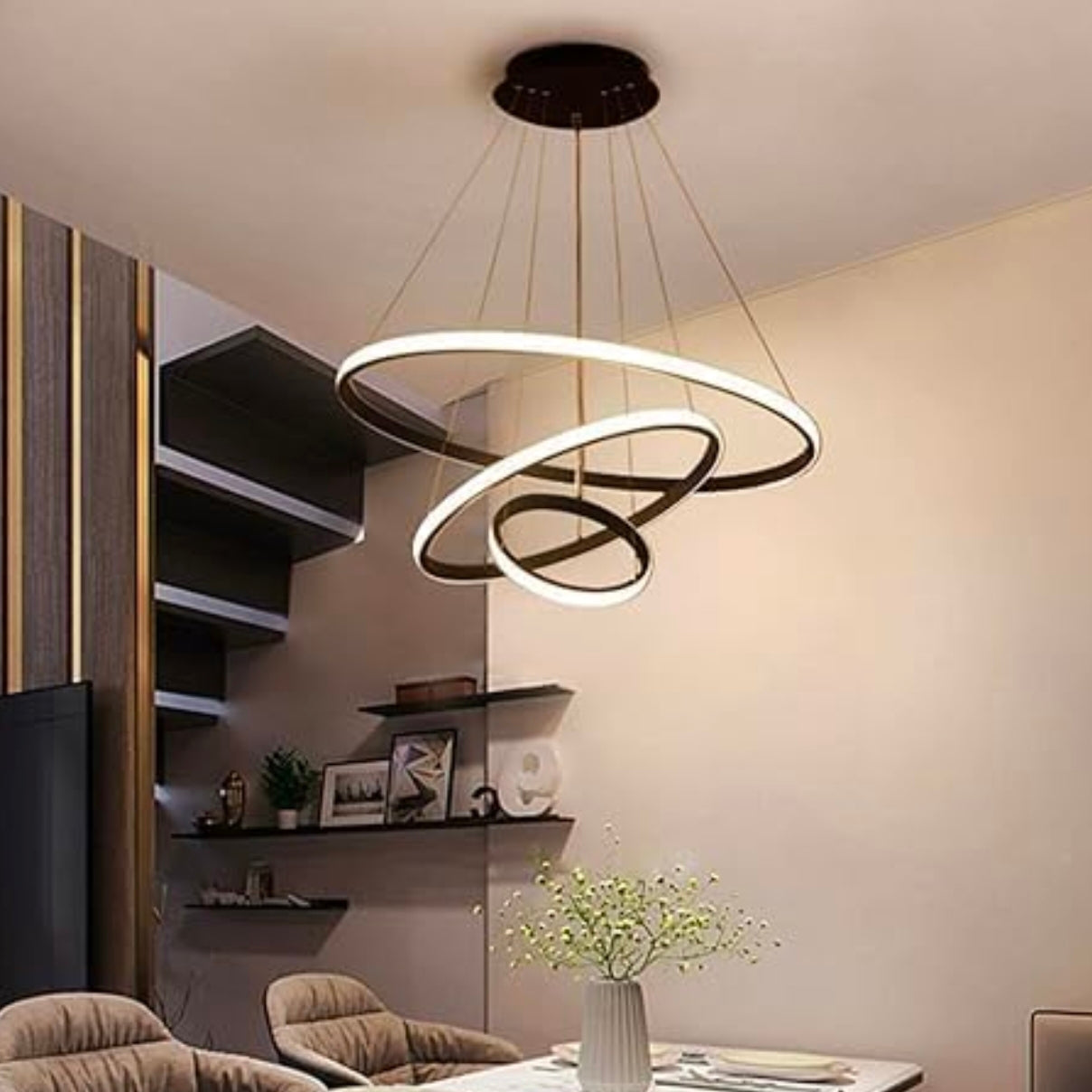 STODE® 3 Ring Chandelier: Modern Light for Living Room & Hall - Adjustable Pendant Light for Home Décor - Gold & Black