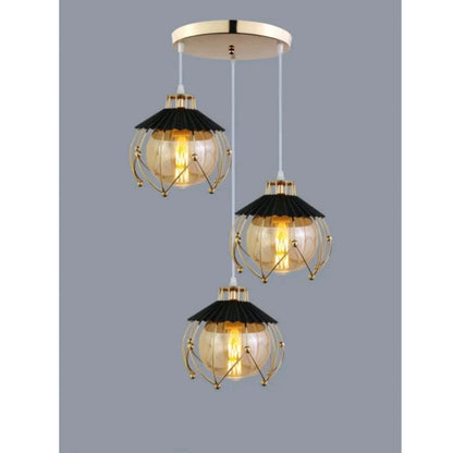 STODE® 3-Light Hanging Pendant Lamp - Round Ball Design with Golden Metal Frame & E27 Bulb