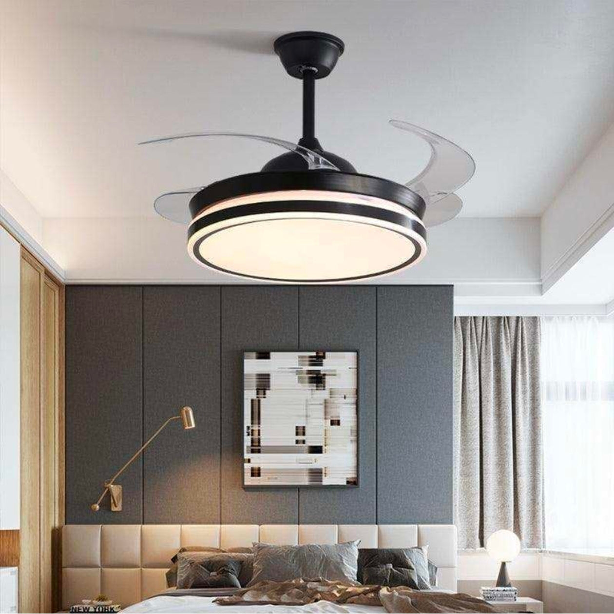 STODE® Black 42” Retractable Chandelier Ceiling Fan with Light, 4 Transparent ABS Blades, Remote Control, 6 Speed, Tricolor Dimmable LED (White/Warm/Natural), Modern Ceiling Fan Light (Black)