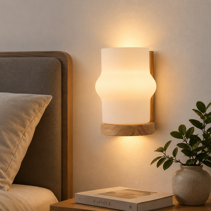 STODE® Wooden Wall Sconce Light with Frosted Glass Shade – Warm White Wall Lamp for Bedroom, Living Room, Bedside & Home Décor (E27 Filament Bulbs Included) (Pack of 2)
