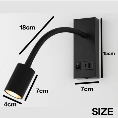 STODE® 3W Flexible Aluminum Wall Reading Light - Bedside Lamp with On/Off Switch, USB & Type-C Charging, 3-Color Changing (Pack of 1)