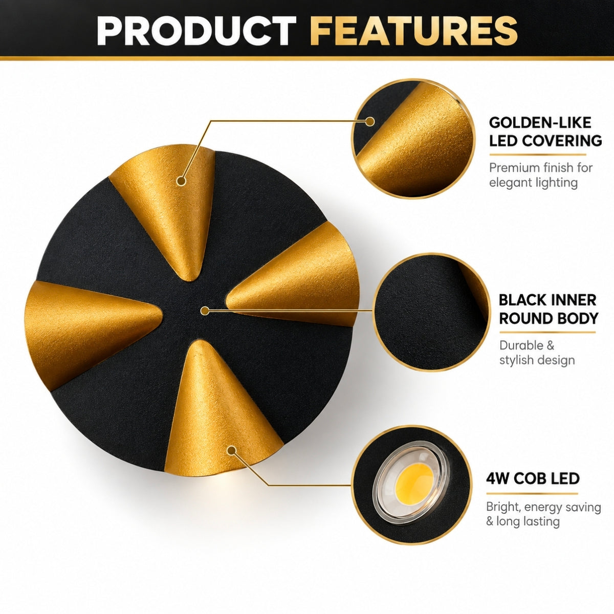 STODE® COB 4W LED Wall Light – 4 Way IP65 Waterproof Black & Gold Up & Down Wall Sconce for Indoor & Outdoor Home, Balcony, Living Room & Bedroom Décor - Warm White (Pack of 1)