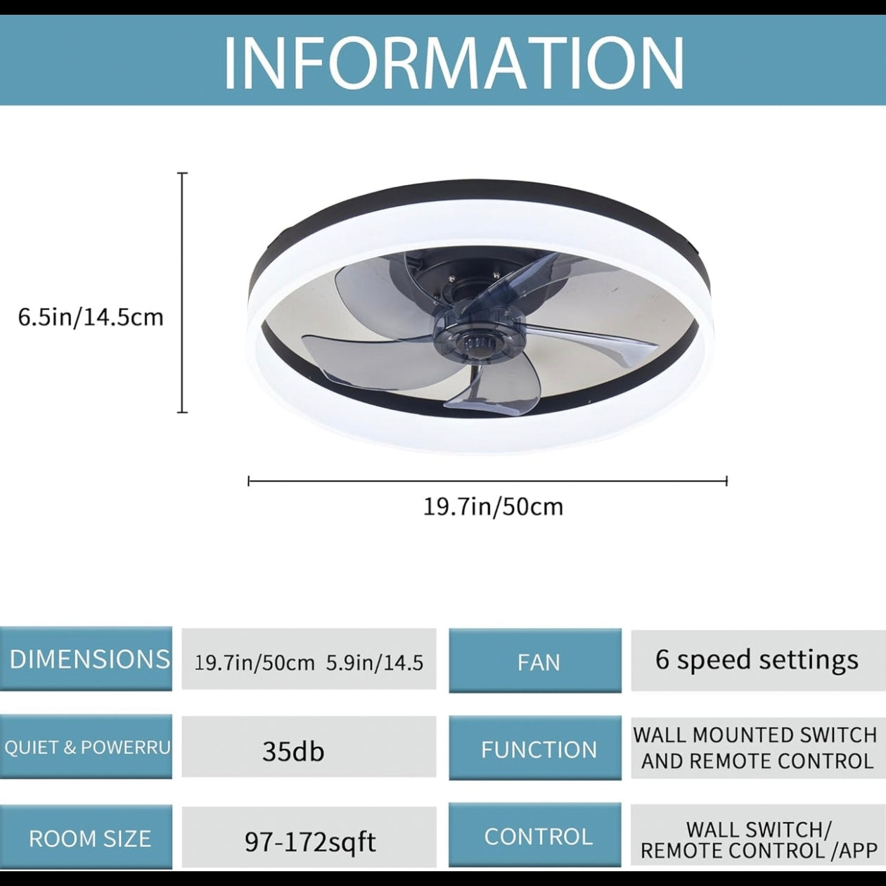 STODE® 20-Inch Black Ceiling Light with Fan – LED Profile Chandelier for Modern Living Room, Bedroom & Home Décor