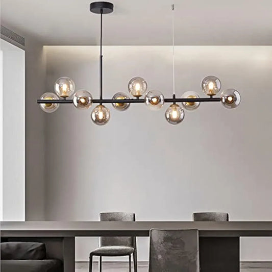 STODE® Modern Globe Sputnik Linear Chandelier – 11-Light Mid-Century Pendant | Amber & Smoke Glass Hanging Ceiling Light