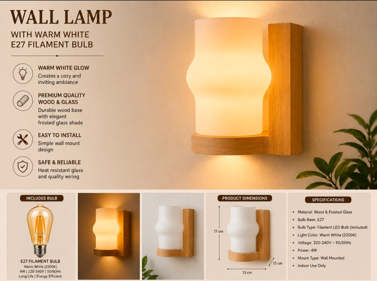 STODE® Wooden Wall Sconce Light with Frosted Glass Shade – Warm White Wall Lamp for Bedroom, Living Room, Bedside & Home Décor (E27 Filament Bulbs Included) (Pack of 2)