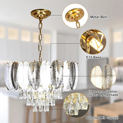 STODE® Feather Glint Glass Crystal Gold Chandelier – 3 Color Changing - Luxury Ceiling Light