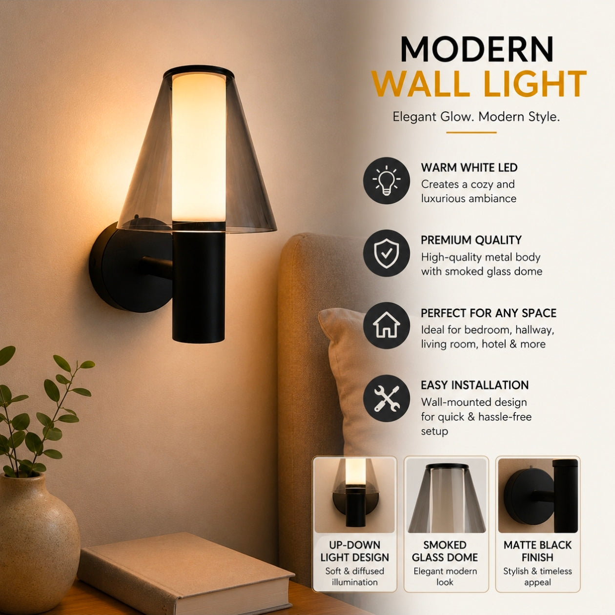 STODE® Modern Black Glass Wall Light, Warm White LED Wall Lamp for Bedroom & Living Room, Elegant Indoor Decorative Sconce Lighting Fixture (Pack of 1)
