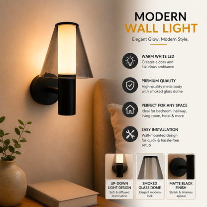 STODE® Modern Black Glass Wall Light, Warm White LED Wall Lamp for Bedroom & Living Room, Elegant Indoor Decorative Sconce Lighting Fixture (Pack of 1)