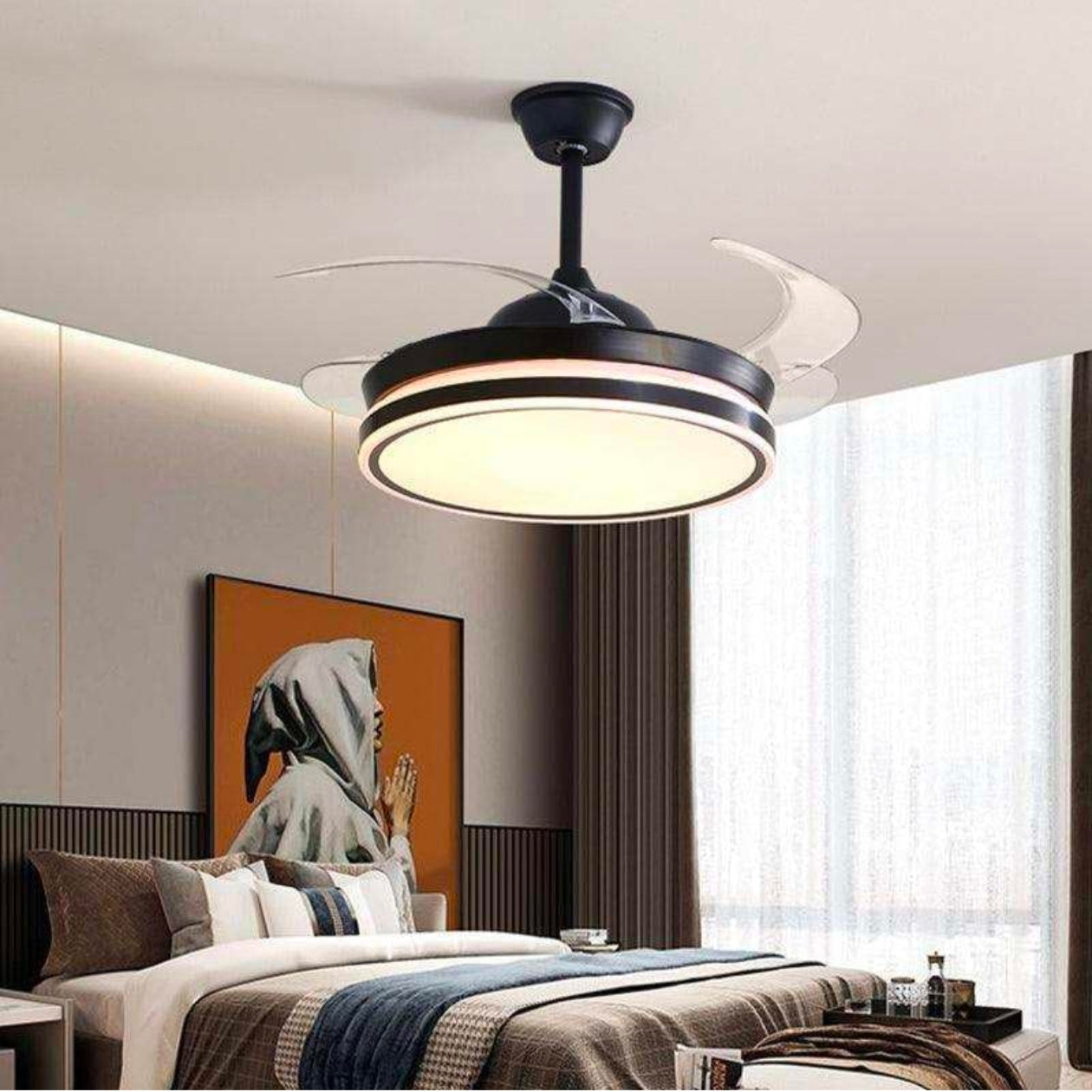 STODE® Black 42” Retractable Chandelier Ceiling Fan with Light, 4 Transparent ABS Blades, Remote Control, 6 Speed, Tricolor Dimmable LED (White/Warm/Natural), Modern Ceiling Fan Light (Black)