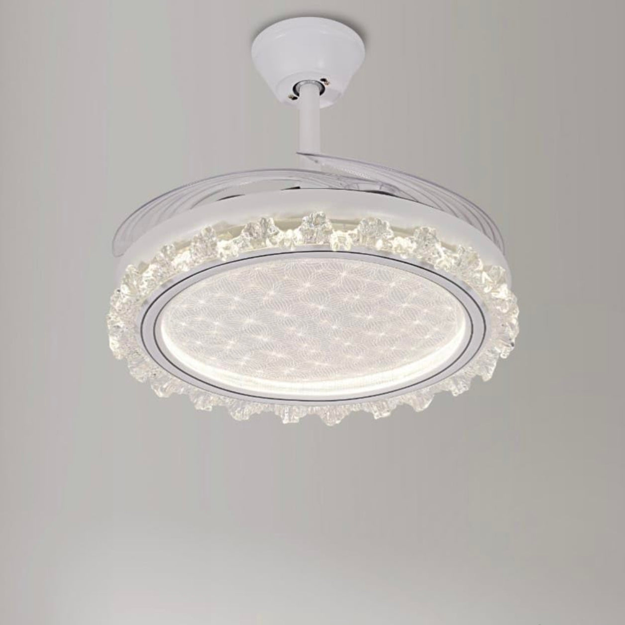 STODE® 42-Inch Ceiling Fan Chandelier – White Retractable Acrylic Blades, Tricolor LED Light with Remote Control for Kitchen, Dining, Café, Hotel & Bar
