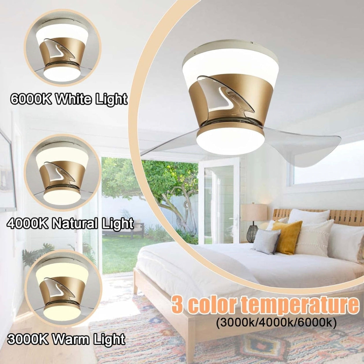 STODE® Modern 22 Inch Gold Low Profile LED Ceiling Fan Light with Remote | Modern 3 Color Changing Chandelier Flush Mount for Bedroom & Living Room