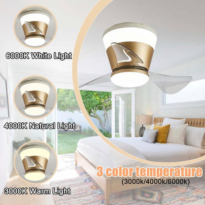 STODE® Modern 22 Inch Gold Low Profile LED Ceiling Fan Light with Remote | Modern 3 Color Changing Chandelier Flush Mount for Bedroom & Living Room