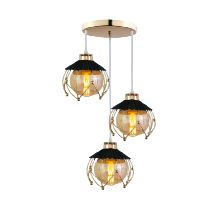 STODE® 3-Light Hanging Pendant Lamp - Round Ball Design with Golden Metal Frame & E27 Bulb