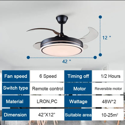 STODE® Black 42” Retractable Chandelier Ceiling Fan with Light, 4 Transparent ABS Blades, Remote Control, 6 Speed, Tricolor Dimmable LED (White/Warm/Natural), Modern Ceiling Fan Light (Black)