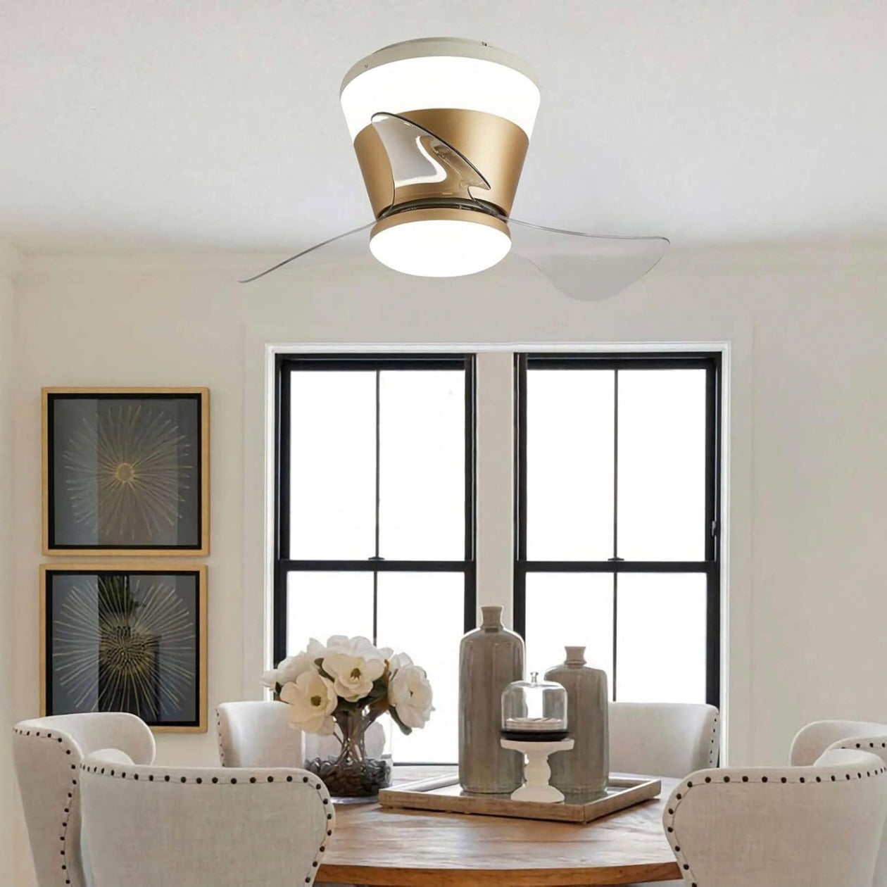 STODE® Modern 22 Inch Gold Low Profile LED Ceiling Fan Light with Remote | Modern 3 Color Changing Chandelier Flush Mount for Bedroom & Living Room