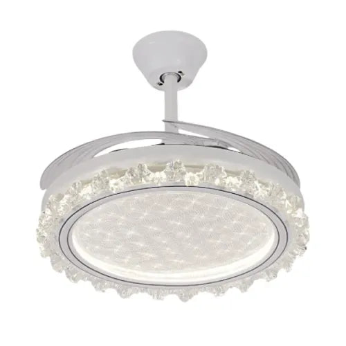 STODE® 42-Inch Ceiling Fan Chandelier – White Retractable Acrylic Blades, Tricolor LED Light with Remote Control for Kitchen, Dining, Café, Hotel & Bar
