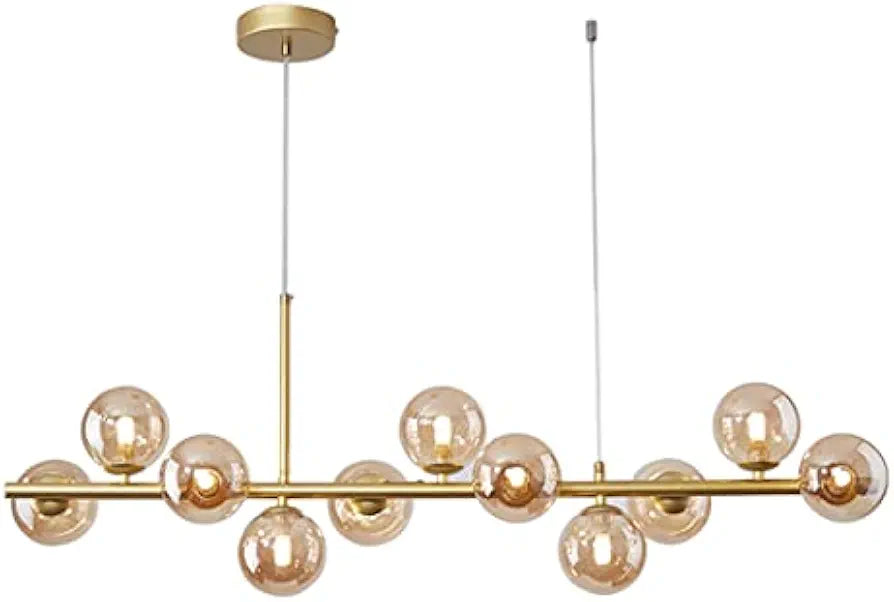 STODE® Modern Globe Sputnik Linear Chandelier – 11-Light Mid-Century Pendant | Amber & Smoke Glass Hanging Ceiling Light