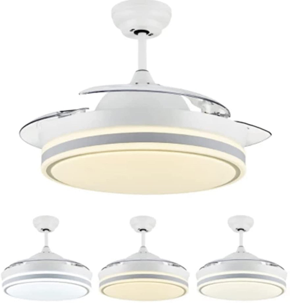 STODE® Alpha 42-Inch Chrome Ceiling Fan – White Retractable Acrylic Blades, Tricolor LED Light with Remote Control for Kitchen, Dining, Café, Hotel & Bar