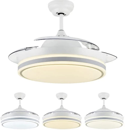 STODE® Alpha 42-Inch Chrome Ceiling Fan – White Retractable Acrylic Blades, Tricolor LED Light with Remote Control for Kitchen, Dining, Café, Hotel & Bar