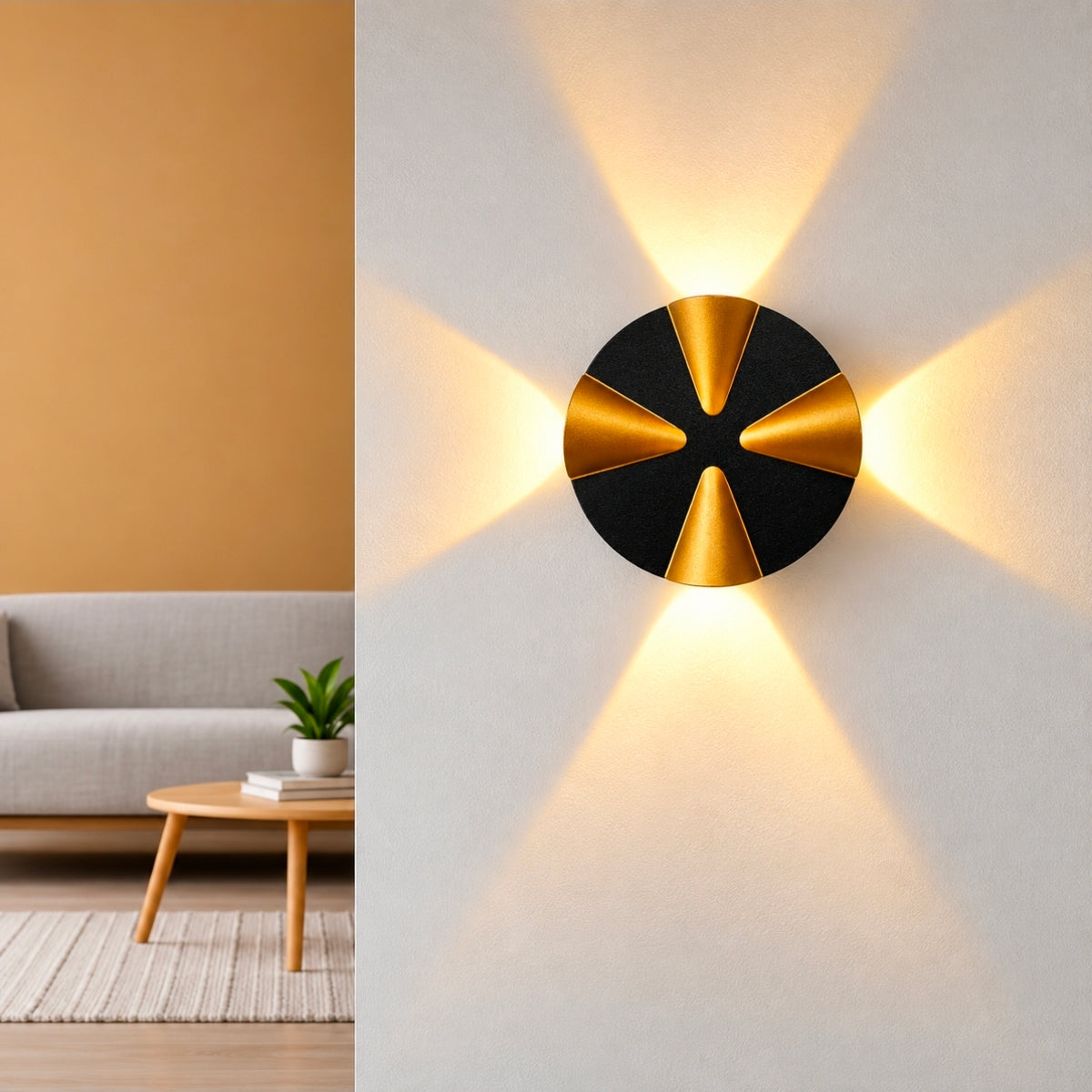 STODE® COB 4W LED Wall Light – 4 Way IP65 Waterproof Black & Gold Up & Down Wall Sconce for Indoor & Outdoor Home, Balcony, Living Room & Bedroom Décor - Warm White (Pack of 1)
