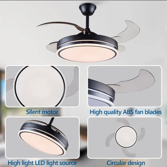 STODE® Black 42” Retractable Chandelier Ceiling Fan with Light, 4 Transparent ABS Blades, Remote Control, 6 Speed, Tricolor Dimmable LED (White/Warm/Natural), Modern Ceiling Fan Light (Black)