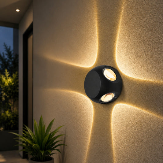 STODE® IP65 Waterproof 4-Way Round LED Wall Light – Warm White Black Body Decorative Indoor & Outdoor Exterior Wall Step Lamp for Home, Balcony & Garden (Pack of 1)