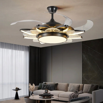 STODE® 42-Inch Flora Black Chandelier Fan – 8 Acrylic Leaf Blades, Retractable Ceiling Fan with Remote, Tricolor Light for Kitchen, Dining, Café, Bar & Hotel