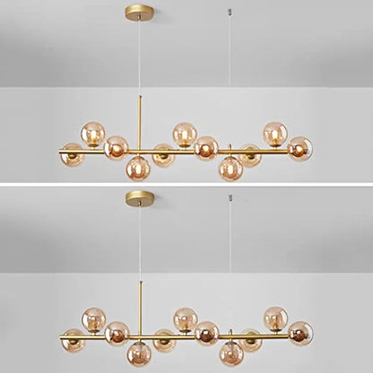 STODE® Modern Globe Sputnik Linear Chandelier – 11-Light Mid-Century Pendant | Amber & Smoke Glass Hanging Ceiling Light