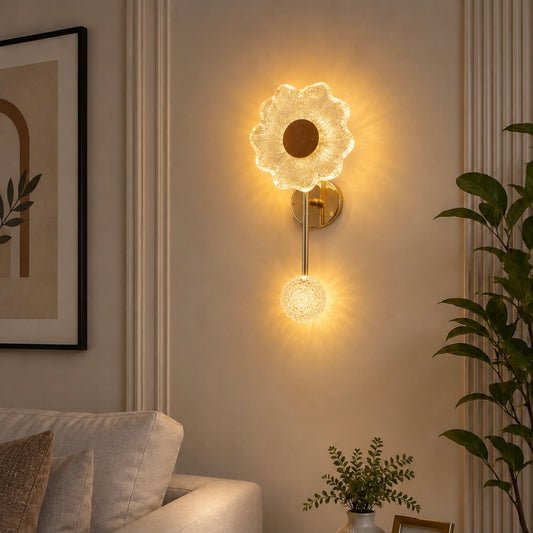 STODE® Modern Gold Floral LED Wall Light – Premium Crystal Glass Flower Wall Sconce with Decorative Crystal Ball, 3-Color Changing Light for Living Room, Bedroom, Bedside & Home Décor (Pack of 1)