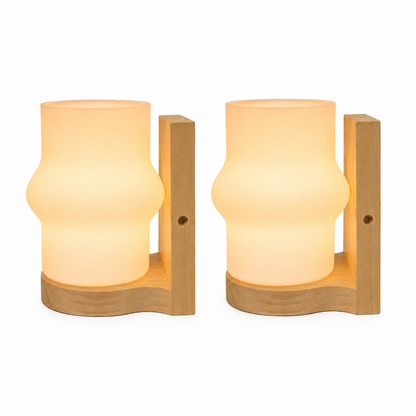 STODE® Wooden Wall Sconce Light with Frosted Glass Shade – Warm White Wall Lamp for Bedroom, Living Room, Bedside & Home Décor (E27 Filament Bulbs Included) (Pack of 2)
