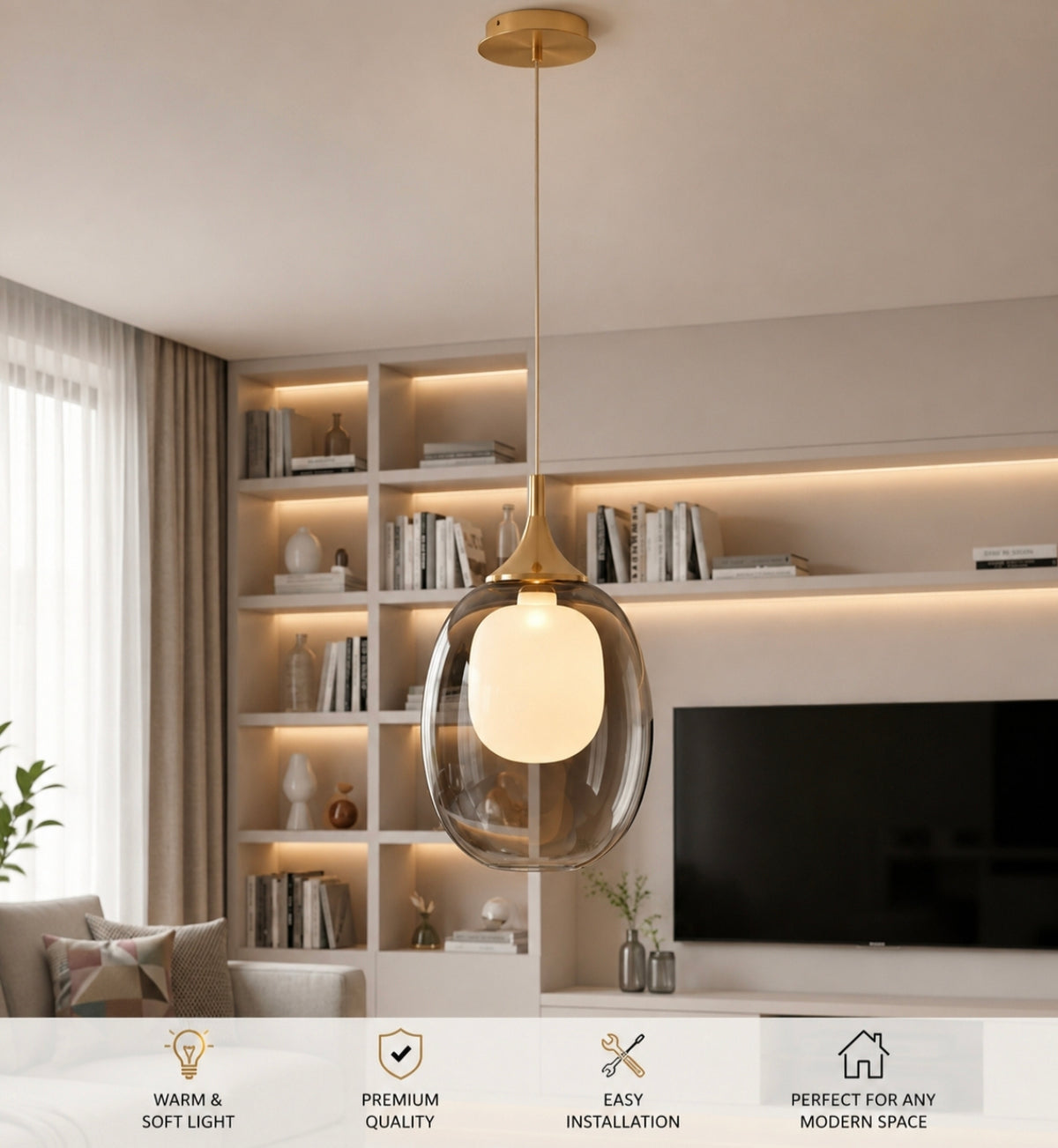 STODE® Modern Gold Finish Smoke Glass Bedside Pendant Light – Tricolor Hanging Ceiling Lamp with White, Warm White & Natural White Light, G9 Bulb Included (Pack of 1)
